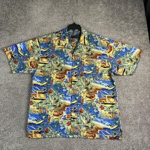 VINTAGE Barcode Hawaiian Shirt Mens XL Surf Woody Car Aloha Beach Print 90s Vtg